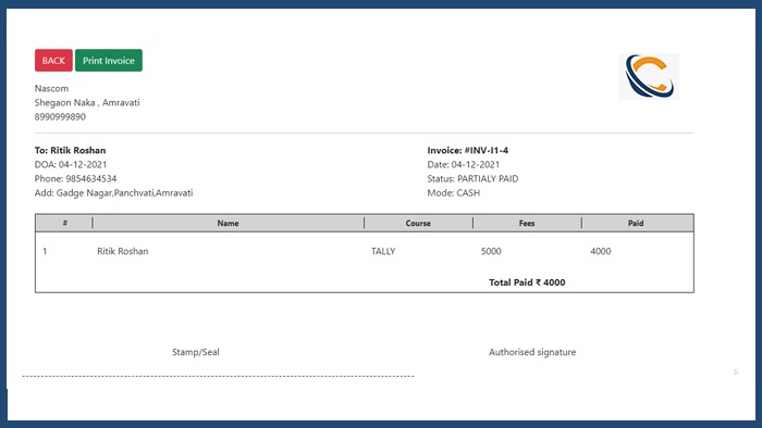 Institute Management Payment View